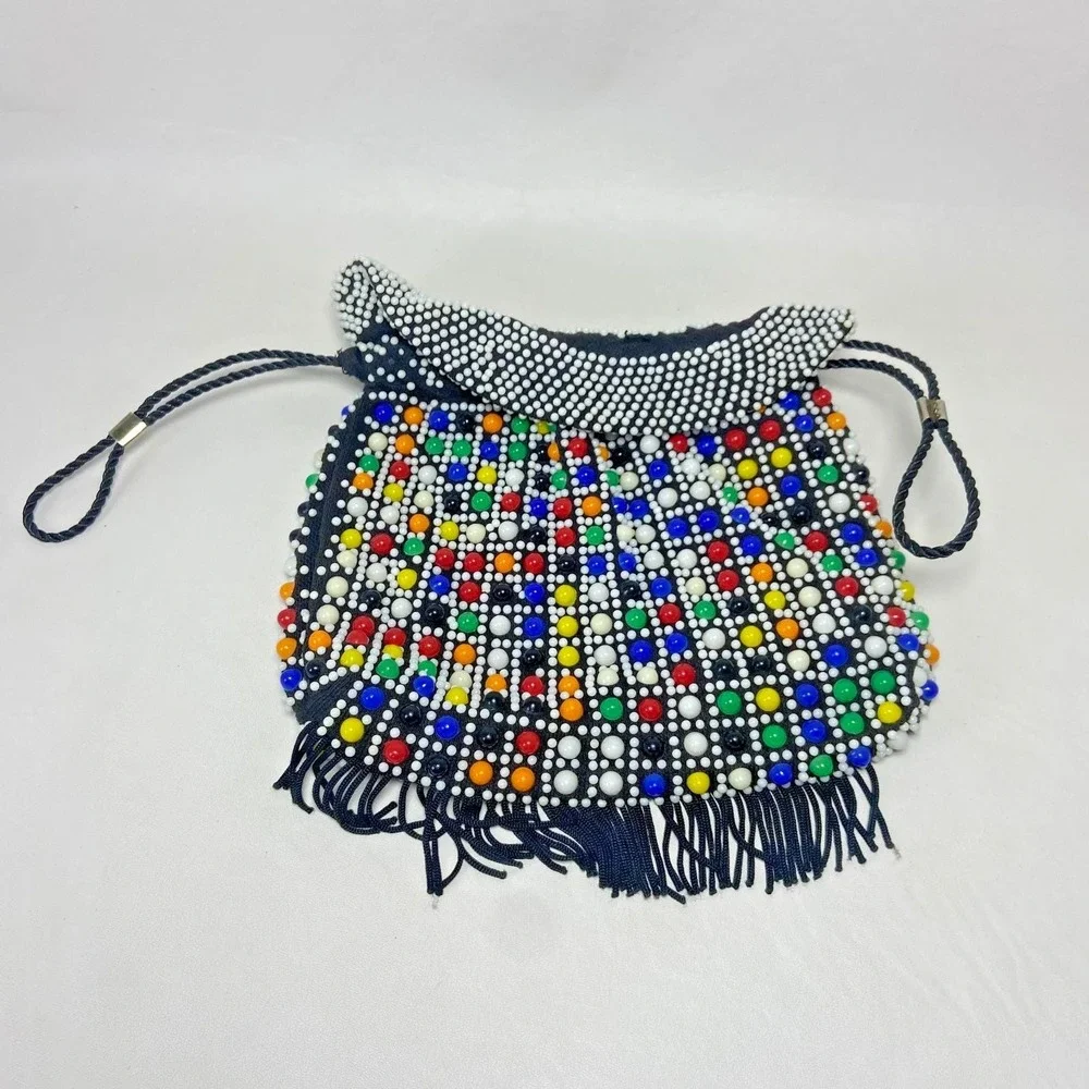 Vintage Beaded Cinch Purse Fringed  Bag‎ 1970's Candy Dot Drawstring Colorful